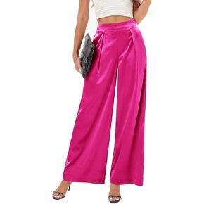 Women's Satin Wide Leg Palazzo Pants Plicated Silky Pull on Party Dress Casual Pant Trouser