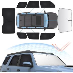 8 قطع من غطاء الشمس للزجاج الأمامي لسيارة Toyota 4Runner 2010-2024 2025 مجموعة غطاء ظل النافذة الخلفية الجانبية الكاملة للخصوصية، حاجب من الشمس قابل للطي، كتل حماية من الأشعة فوق البنفسجية والحرارة 4 ملحقات داخلية