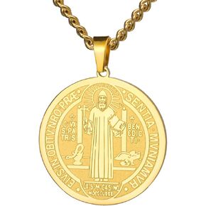 TEAMER Catholic Saint Benedict Seal Necklace Stainless Steel St. Benedict Pendant Jesus Cross Religious Amulet of Strength Peace Prayer Jewelry For Men Women