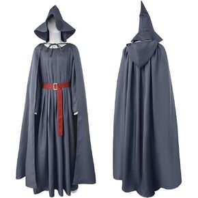 Men Hooded Robe Cloak Belt Hat Full Set Halloween Cosplay Costume