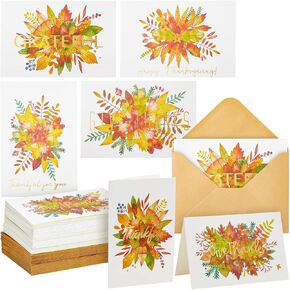48 Pack Bulk Thanksgiving Greeting Cards and Kraft Envelopes, 6 Fall Designs, Blank Inside (4 x 6 In)