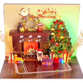 Christmas Card Pop Up with Light and Music 3D Santa Fireplace Merry Christmas Greeting Card with Envelope for Kids Girls Women Man Christmas Gift