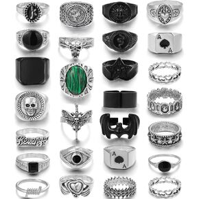 27 Pcs Vintage Silver Punk Rings for Men Cool Gothic Chunky Rings Set Men's Signet Skull Snake Bat Statement Knuckle Rings