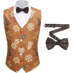 Mens Christmas Vest Gingerbread 3D-Print Ugly Xmas Waistcoats Bowtie Set Christmastide Festival Party