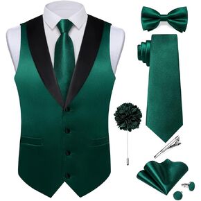 DiBanGu Mens Shiny Satin Vest Tie Set 8PCS Solid Waistcoat and Pre-tied Bowtie Shawl Collar Dress Vest for Wedding Formal, Emerald Green, Large