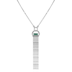 GUESS Sleek Y Necklace with Green Stone and Silvertone Fringe