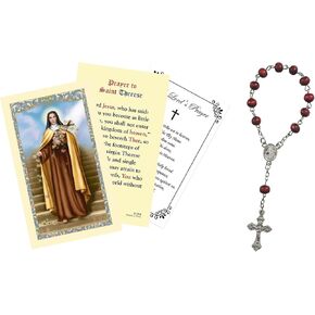 One Decade St Theresa Rosary Beads - Rose Scented St Therese of Lisieux Rosary - St Theresa Little Flower Rosary Beads Case, St Therese Prayer Card, The Lord's Prayer - Catholic Cards Set - 3 Items
