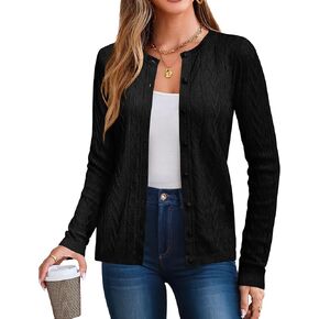 Arach&Cloz Women's 2024 Cable Knit Cardigan Long Sleeve Button Down Casual Sweater Lightweight Crew Neck Soft Fall Tops