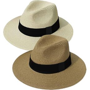 KXF Straw Sunhat for Women Men 2 Packs Summer Beach Straw Sun Hat Foldable Straw Sun Cap Wide Brim UPF 50+ Gardening Sun Cap