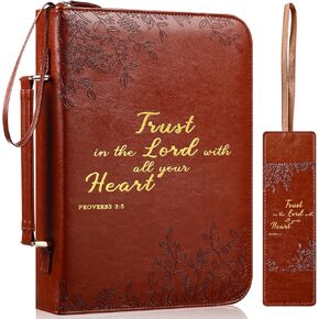 Leather Bible Cover Large Bible Case with Bookmark PU Hot Stamping Bible Carrying Case with Handle Carrier Bible Protective Cover Church Bible Bag Gift for Women Mother Men (Brown)