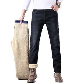 Mens Fleece Lined Jeans Straight Leg Stretch Winter Warm Denim Pants