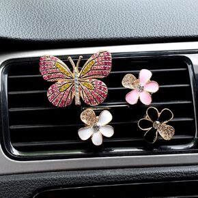 Bling Butterfly Air Vent Clips 4 Pcs Car Air Vent Clips Dashboard Decorations Car Accessories Air Aromatherapy Vent Car Air Freshener Vent Clips for Women (Pink Butterfly + 3 PCS flowers)