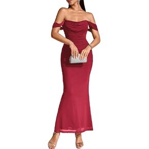 KUTUMAI Off The Shoulder Maxi Long Dress Corset Ruched Bodycon Formal Wedding Guest Dresses for Women