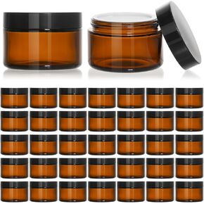 KEYWING 2oz Small Glass Jars, 35 Pack Amber Glass Cosmetic Jars with Black Lids, Round Sample Container with Inner Liners for Cream, Lotions, Powders and Ointments