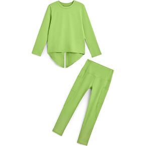 Girls' Activewear Set 2 Piece Long Sleeve Back Slit T-Shirt Leggings with Pockets Kids Athletic Tennis Golf Outfits