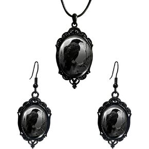 Halloween Earrings Necklace Set Gothic Raven Earrings Punk Raven Glass Pendant Necklace Victoria Witch Earrings Necklace Gothic Halloween Jewelry Set Halloween Costume Accessories Jewelry for Women