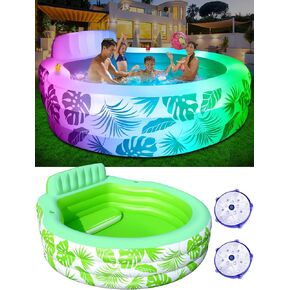 Inflatable Pool with Pool Lights, 2024 Oversized Thickened Blow Up Pool with Seat, Family Inflatable Pool for Audlts, 90"x90"x24" Large Inflatable Kids Pools for Backyard, Kiddie Pool Outdoor (Cyan)