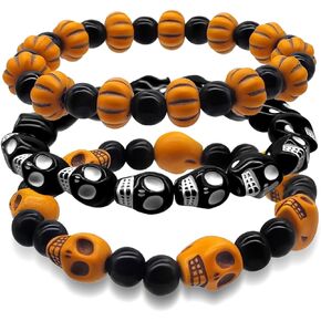 Halloween Bracelet Skeleton Beads Gothic Elastic Chain Bracelet Pumpkin Skeleton Stacked Bracelet Set Halloween Jewelry
