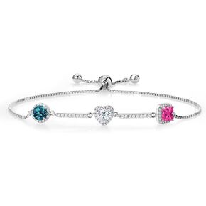 Gem Stone King 925 Sterling Silver Customized and Personalized Round Heart and Princess Cut 3-Stone Gemstone Birthstone Tennis Bracelet For Women By Keren Hanan | Fully Adjustable Up to 9 Inch