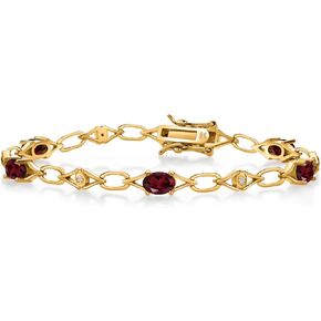 Gem Stone King 18K Yellow Gold Plated Silver Red Rhodolite Garnet and Round White Lab Grown Diamond Tennis Bracelet For Women (3.04 Cttw, Gemstone Birthstone, Oval 6X4MM, 7.25 Inches)
