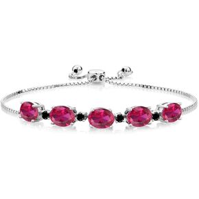 Gem Stone King 7.76 Cttw 925 Sterling Silver Oval 8X6MM Red Created Ruby and Round 2.5MM Black Diamond Tennis Bracelet For Women | Fully Adjustable Up to 9 Inch