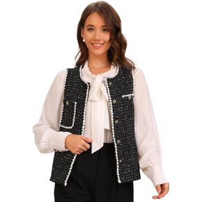 Allegra K Tweed Plaid Vest for Women's Button Down Sleeveless Round Neck Vintage Vests