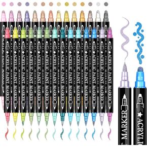 28 Metallic Colors Dual Tip Acrylic Paint Markers, Brush Tip and Dot Tip Premium Acrylic Paint Pens for Wood, Canvas, Stone, Rock Painting, Glass, Ceramic, DIY Crafts Making Art Supplies