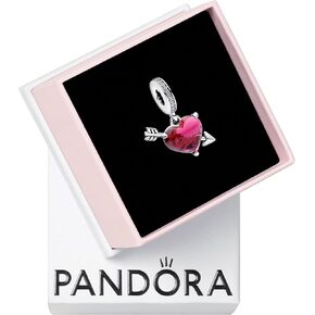 PANDORA Heart and Arrow Sterling Silver Dangle with Clear Cubic Zirconia and red Murano Glass, with Gift Box