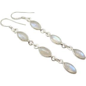 Natural Rainbow Moonstone Earrings 2.6" 925 Solid Silver Fashion Gemstone