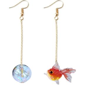 Funny Cute Asymmetry Goldfish Dangle Drop Earrings Lovely Acrylic Resin transparent Glass Ball Fish Earrings for Women