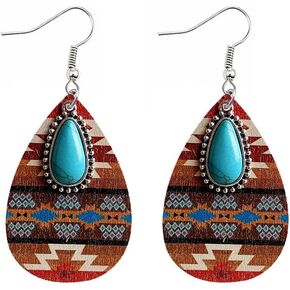 Boho Turqoise Wooden Teardrop Drop Dangle Earrings Aztec Pattern Wood Dangling Hook Hoops Statement Earring Retro Jewelry Gifts for Women Girls Mother