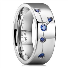 King Will Stainless Steel Men Ring - 8mm Men Wedding Band Steel Color, Wedding Men Ring Flat Cut with Constellation Engraving and Blue Zircon Stones - Stainless Steel Men's Wedding Band Size 10