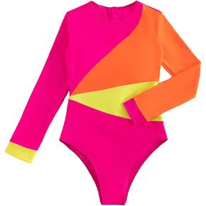 WDIRARA Women's Rash Guard Swimsuit Long Sleeve Color Block Zip Back One Piece Swimsuit