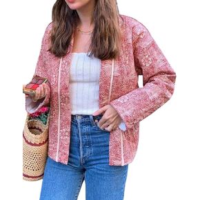 Womens Floral Puffer Quilted Jacket Open Front Vintage Lightweight Patched Coat Mid Long Boho Fall Winter Outerwear
