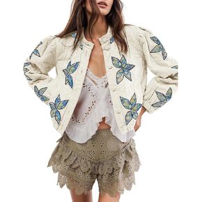 Wyeysyt Women's Floral Embroidered Cropped Quilted Jacket Lightweight Button Down Bomber Jacket Puffer Coat with Pockets