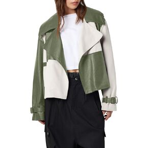 Tankaneo Womens Leather Cropped Jacket Fall Casual Trendy Oversized Color Block Motorcycle Coat