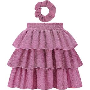 Weixinbuy Girls Sequin Sparkly Skirt Kids Elastic Waist 3-Layer Party Tutu Skirt with Hair Scrunchies for Girls 5-14 Years
