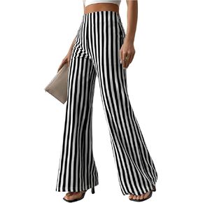 Floerns Women's Striped Print Flare Leg Trousers High Waist Bell Bottom Work Pants