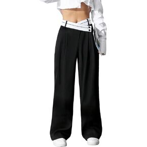 Verdusa Women's Color Block Asymmetrical High Waist Button Trousers Straight Leg Long Pants