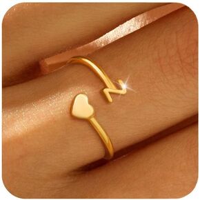 Honsny Gold Initial Rings for Women Non Tarnish 18K Gold Plated Heart Initial Stackable Rings Adjustable Pinky Rings for Teen Cute Dainty Alphabet Capital Letter Rings Jewerly Gift