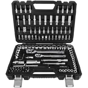 KELIN Socket Wrench Set 108 Pieces,1/4-Inch & 3/8-Inch Drive Socket Set with 72 Tooth Reversible Ratchets, Metric Bit Socket Set and Extension Bar for Auto Repairing and Home Use