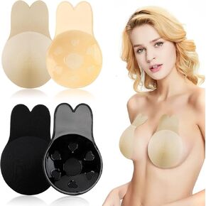 2PCS Sticky Bra, Backless Strapless Adhesive Bra, Push Up Breast Lift Reusable Nipple Covers for Women Backless Strapless Dress (Black, Skin Color)