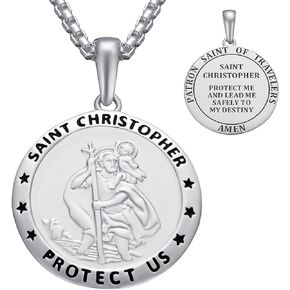 ARDU Jewelry - Saint Christopher Gift Set | Sterling Silver Double-sided Pendant with 24 Inch Chain Necklace, Stainless Steel Prayer Card, Car Visor Clip & Travel Pouch | Protection for Travels