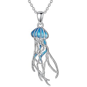 925 Sterling Silver Jellyfish Necklace Sea Animals Blue Jellyfish Pendant Necklace Ocean Wave Beach Jewelry Gifts for Women Mom Friends