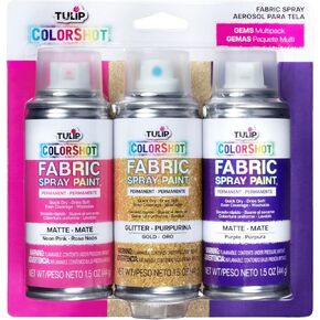 TULIP ColorShot Fabric Spray Paint, 3 Pack Jewel Tone Gem Colors Neon Pink, Glitter Gold, Purple