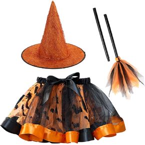 Happy Cherry Toddler Girls Witch Tutu Skirt Set with Hat & Broomstick 3 Pcs Dress Up Halloween Outfits 3-8Y