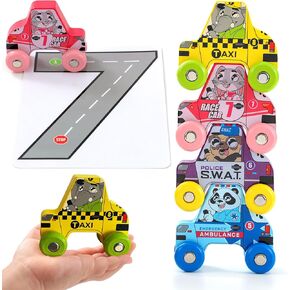 BEKILOLE Jumbo Animal Cars 4 Piece Stacking Wooden Car Playset for Toddlers Preschool Learning Toys for Boys & Girls Birthday Gifts for 1 Year Old and Up (Set B (4 Cars + Numbers Flashcards))