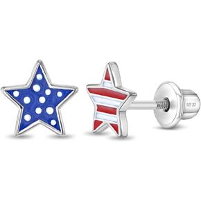 925 Sterling Silver Enamel Flag Star Shaped Safety Screw Back Earrings For Little Girls - American Flag Enamel Star Earrings For Preteen Girls - Fun Enamel Flag Earrings For Young Girls