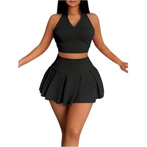 SOLY HUX Women's Summer 2 Piece Outfits Half Zip Crop Tank Tops and Mini Pleated Skirt Set