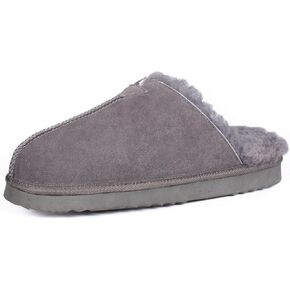 Parfeying Men's Sheepskin Shearling Slippers, Anti-slip Rubber Sole Indoor Outdoor Cow Suede Leather Slip on Slippers for Men